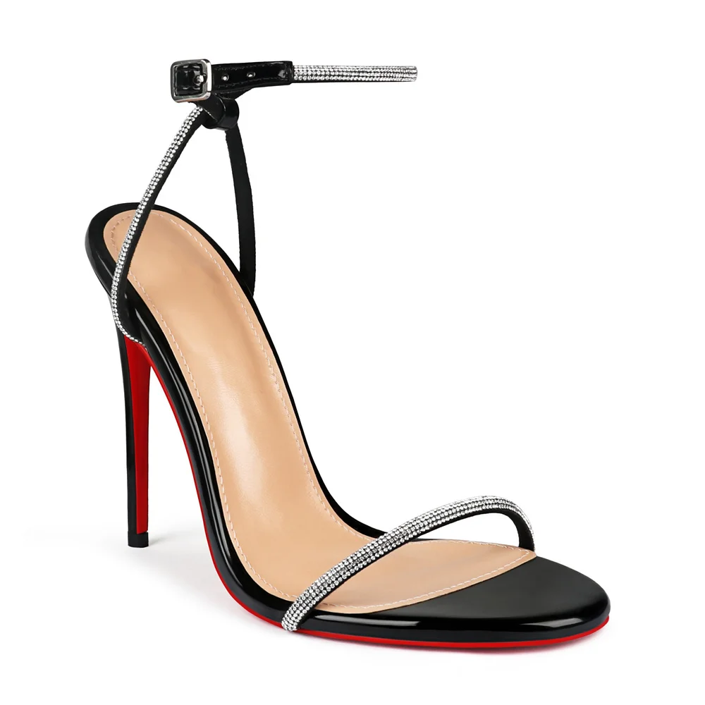 120mm Women's Red Bottom Diamonds Studded Straps Sandals High Heels Open Toe Stiletto Shoes -MERUMOTE