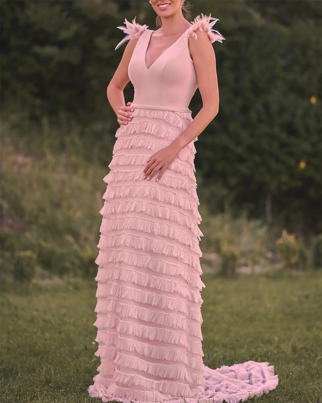 Women's V-neck Pink Tassel Dress