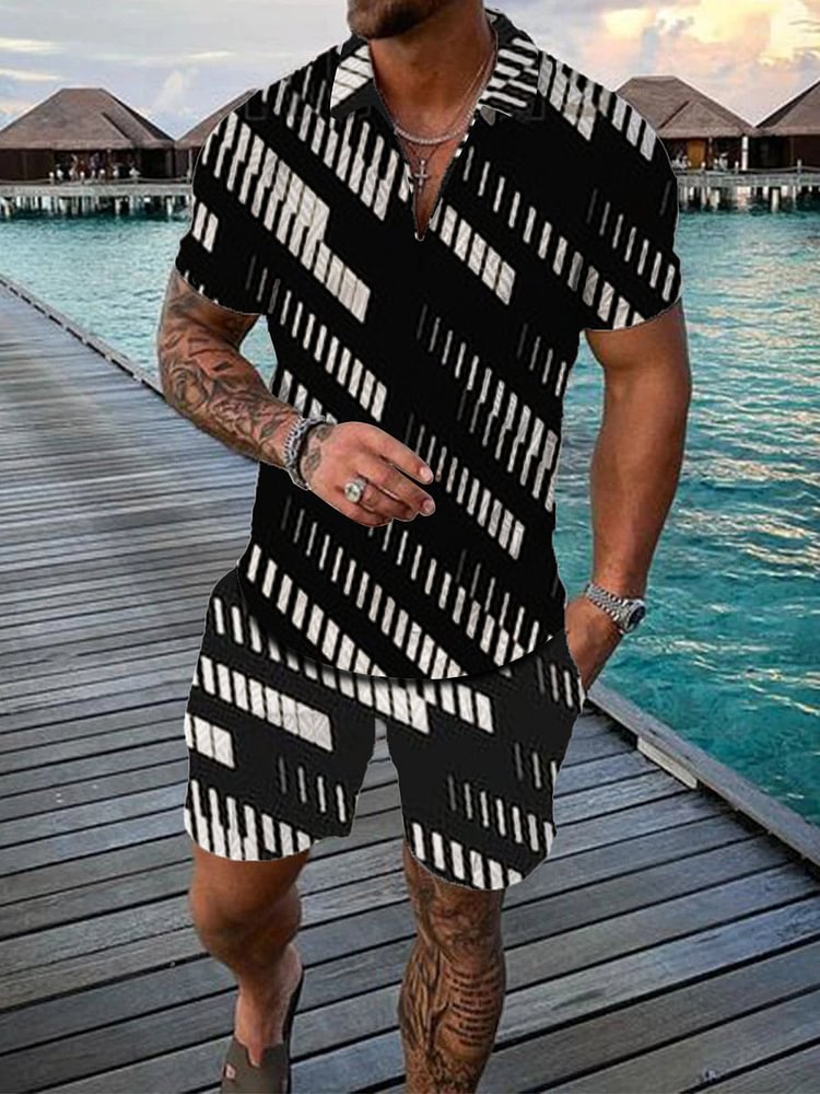 Men's Casual Resort Stripe Print Polo Suit