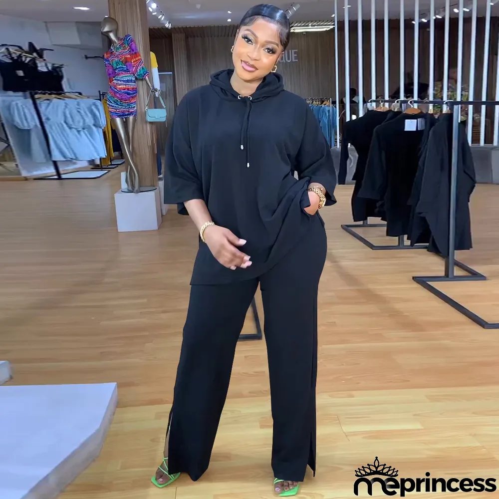 Solid 3/4 Sleeve Hooded Sweatshirt Pant Two Piece Set