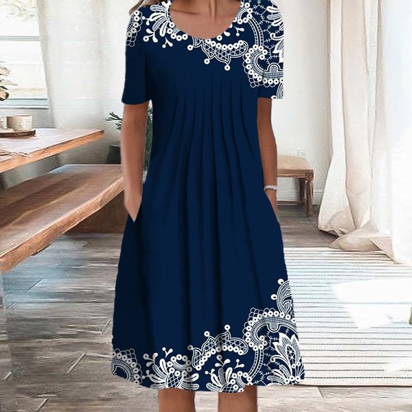 White Lace Floral Garden Print Blue Shift Midi Dress