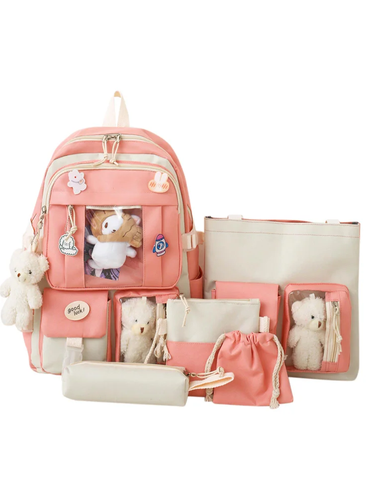 5pcs/set Canvas School Backpacks Women Kawaii Student Schoolbags (Pink)