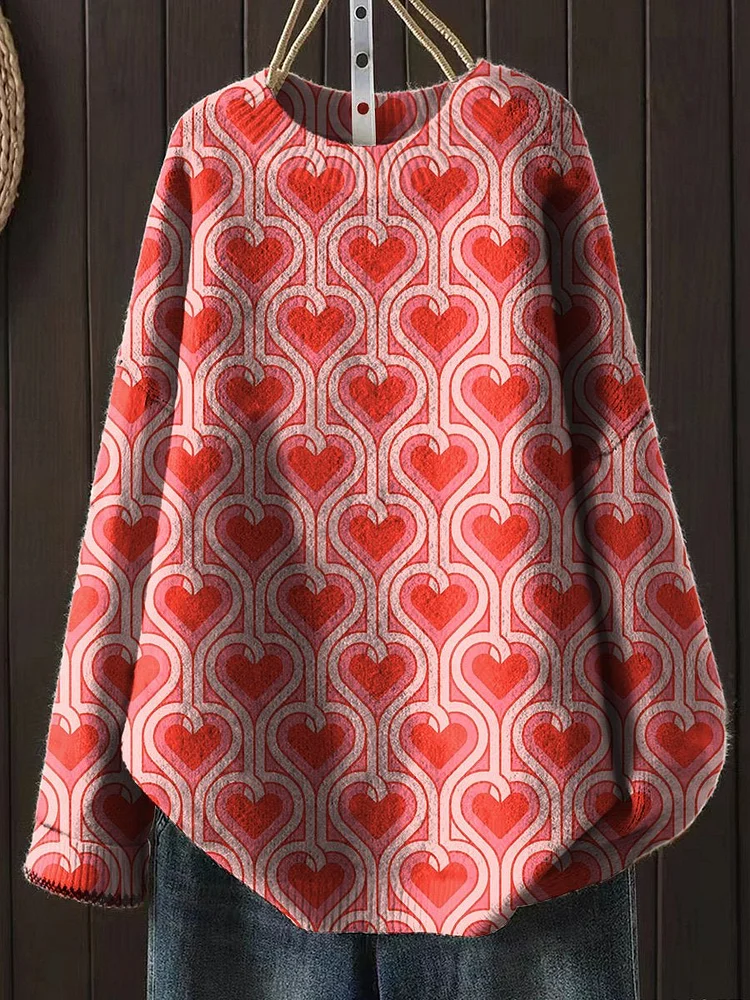 Romantic Geometric Heart Repeat Pattern Printed Knit Pullover Sweater