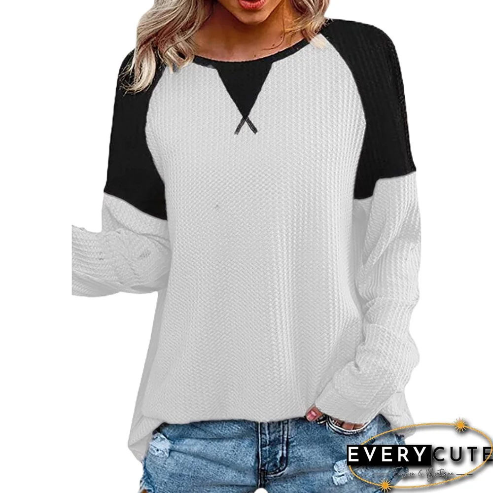 White Colorblock Waffle Long Sleeve Tops