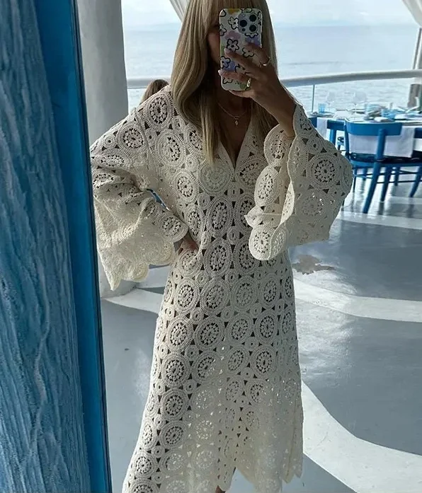 Lace Cutout V Neck Dress