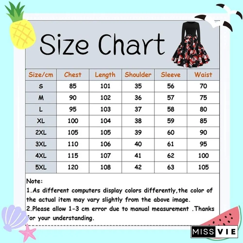 Fashion Women Christmas Swing Party Dress Printing Long sleeve Festival prom belt evening