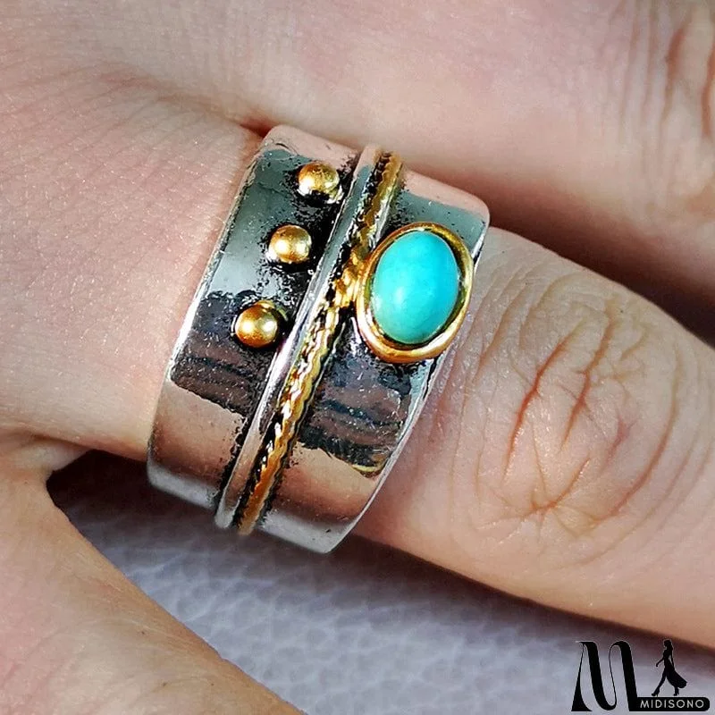 MidiSono - Classic Neutral Turquoise Inlay Gold Border Finger Ring