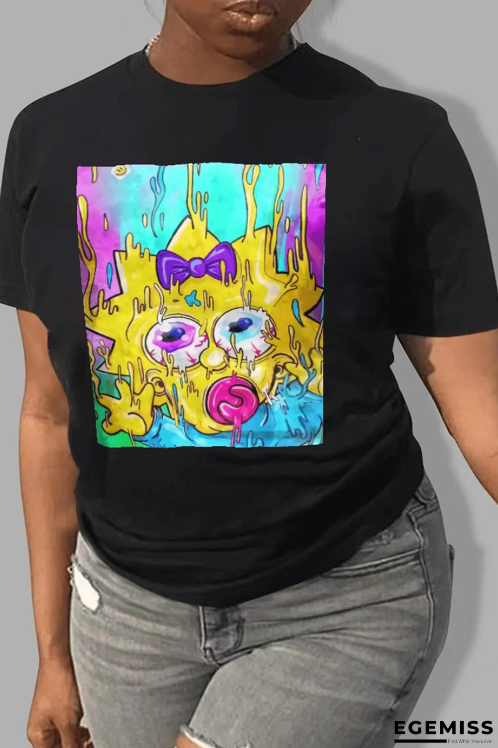 Black Casual Cute Character Print Patchwork O Neck T-Shirts | EGEMISS