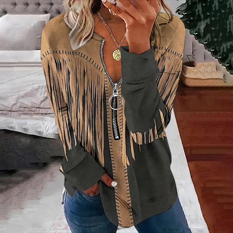 Western Tassel Printed V-Neck Casual Sweatshirt