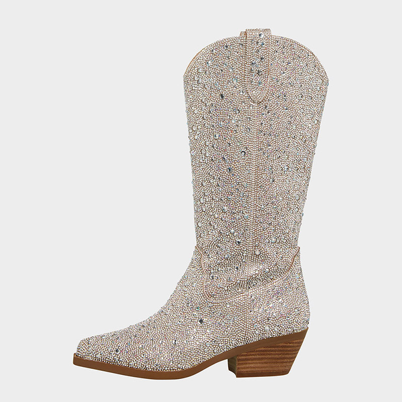 Snip Toe Chunky Heel Rhinestone Mid-Calf Cowgirl Boots in Silver