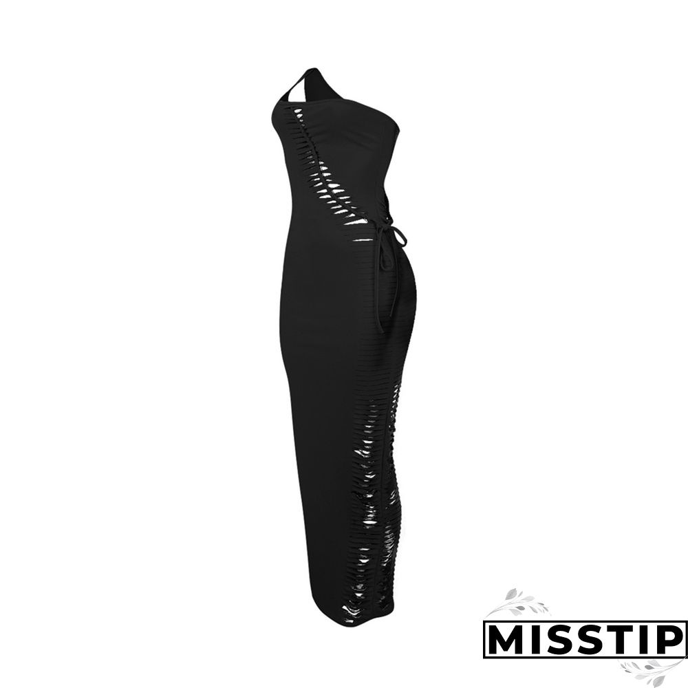 One Shoulder Sleeveless Cut Out Lace Up Maxi Dress