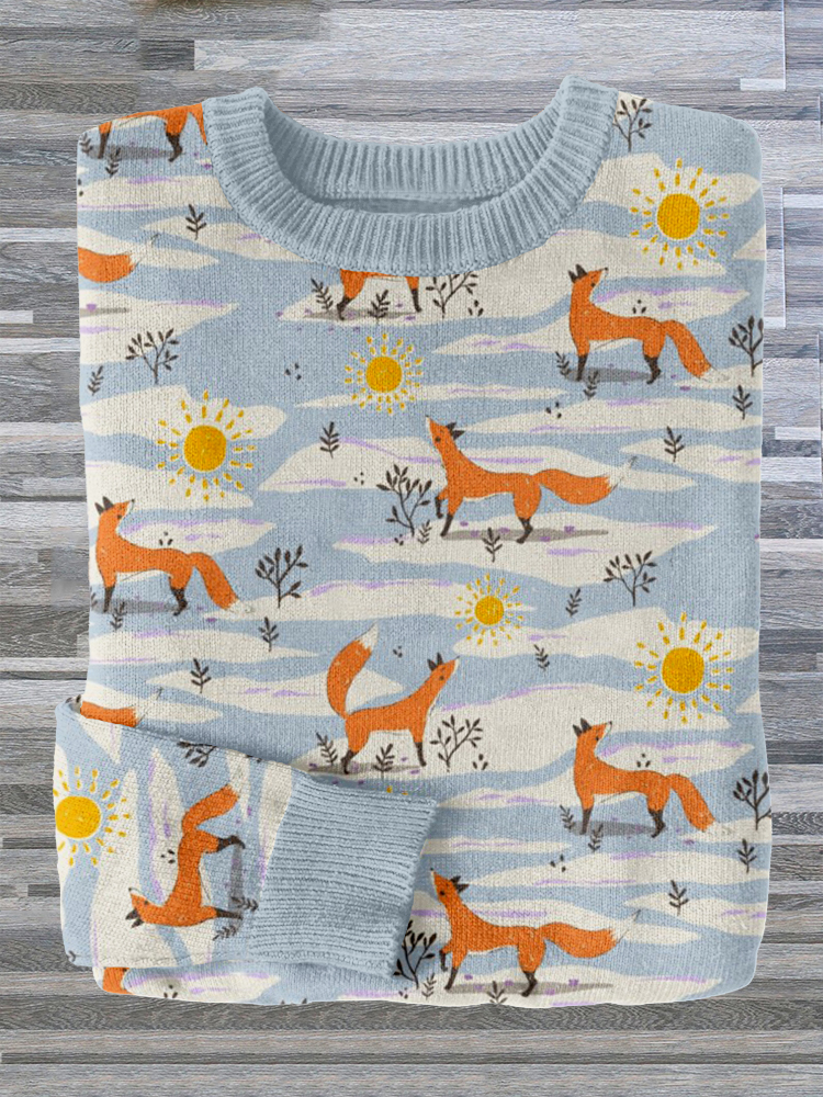 Snowy Winter Foxes and Sunshine Graphic Knit Sweater artswardrobe