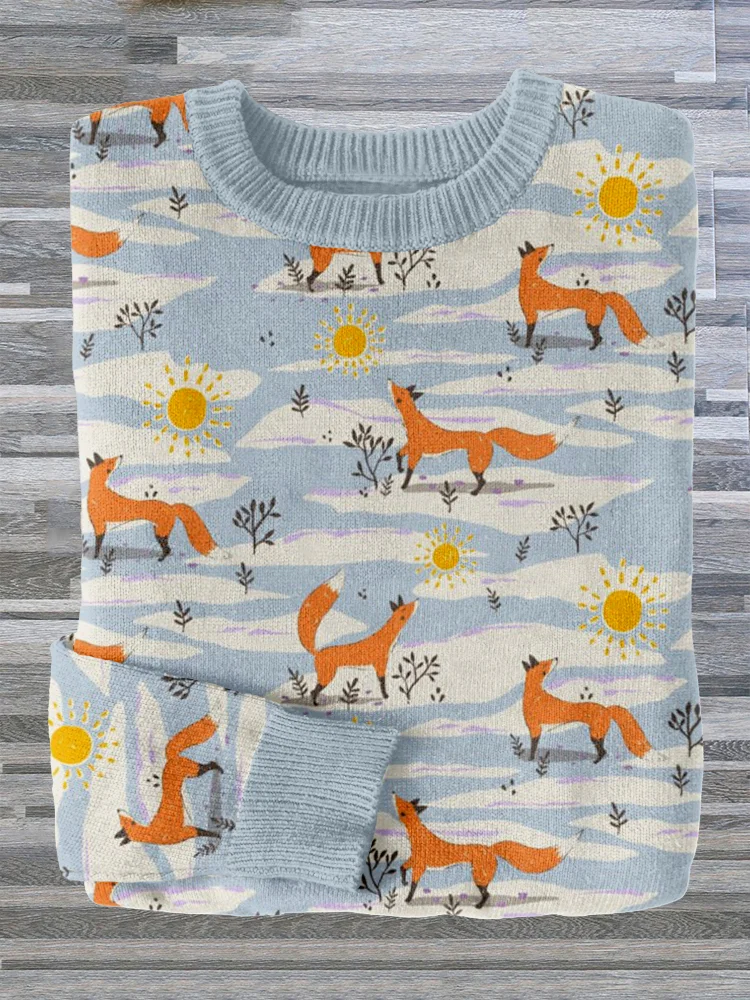 Snowy Winter Foxes and Sunshine Graphic Knit Sweater
