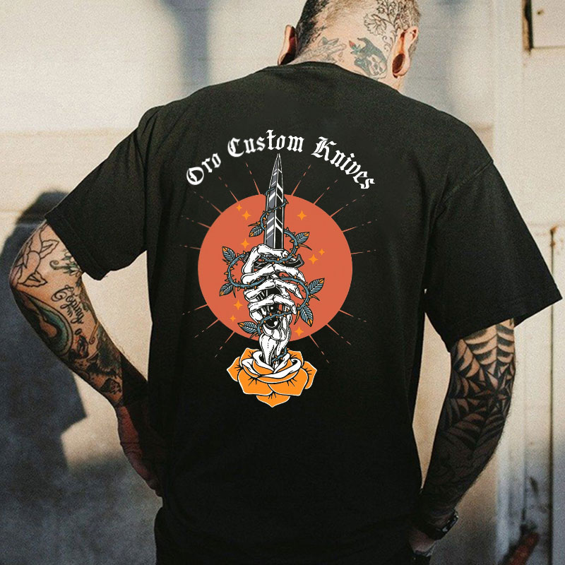 DRO CUSTOM KNIVES Bone Rose Black Print T-Shirt