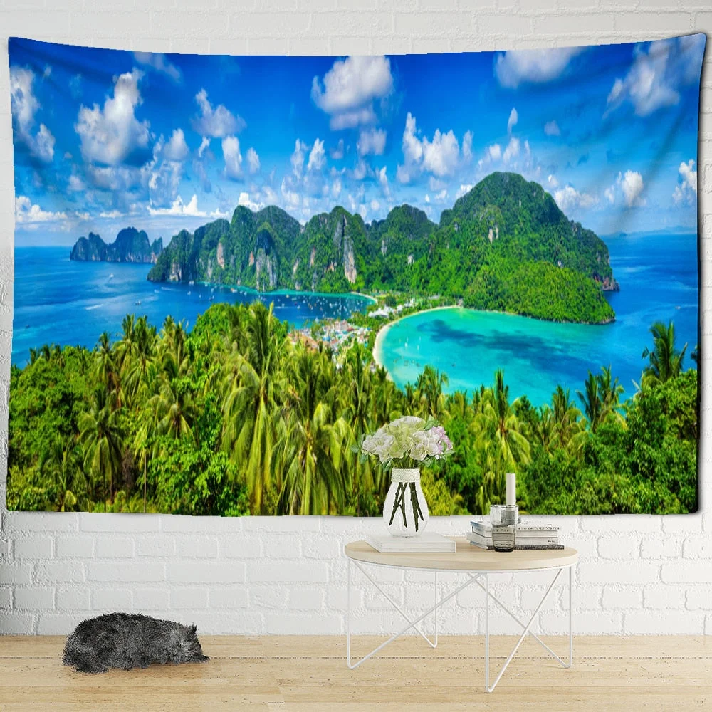 Landscape Painting Tapestry Wall Hanging Colorful Natural Scenery Bohemian Travel Mattress Studio Living Room Art Decor