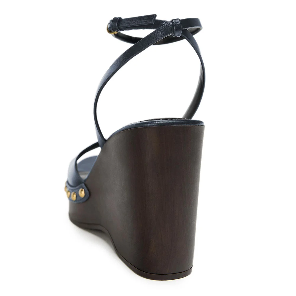 Navy Vegan Leather Open Square Toe Studded Platform Wedge Sandals