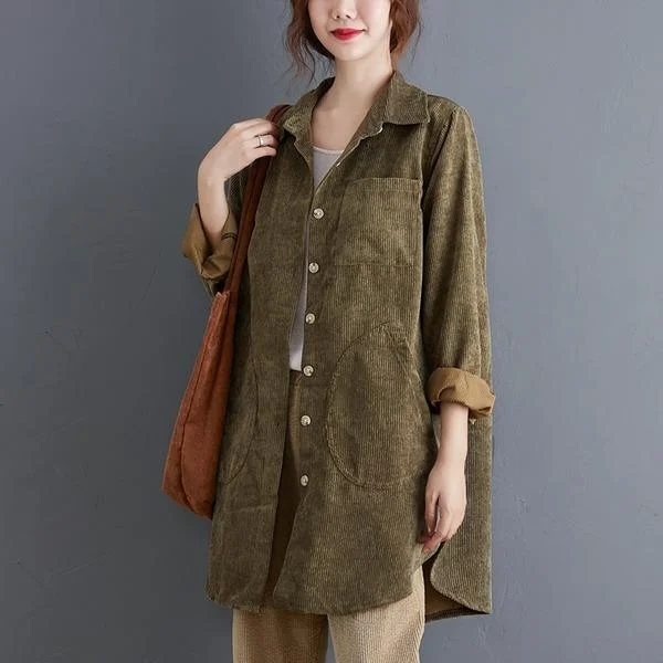 omychic plus size corduroy vintage  korean style Casual loose autumn winter shirt women blouse 2020 clothes ladies tops