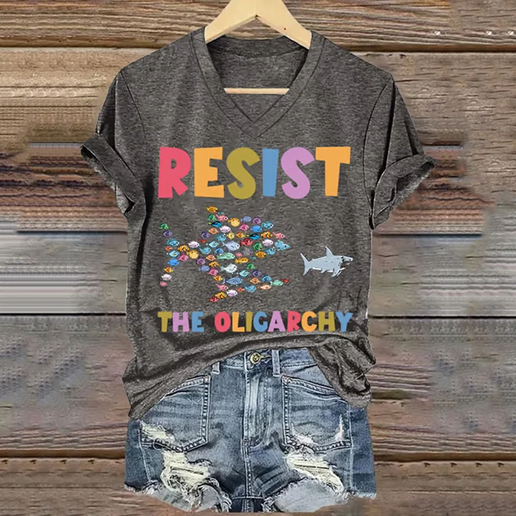 VChics Women's Resist The Oligarchy Funny Fish Printed T-shirt