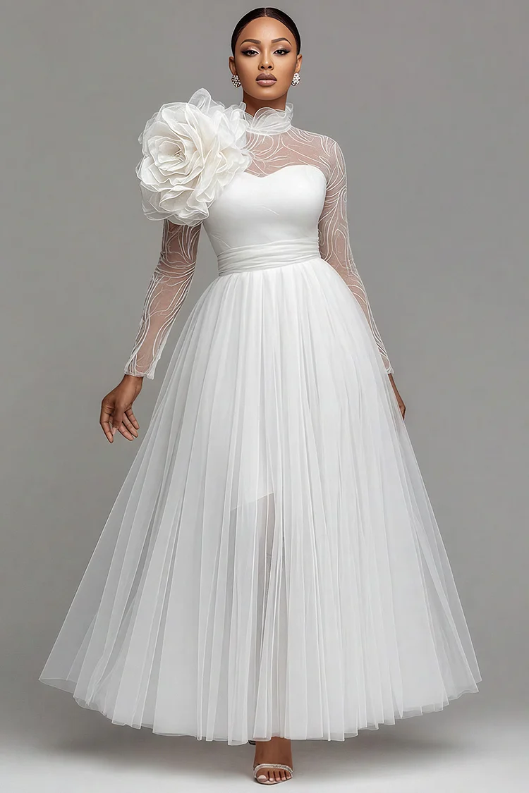 Xpluswear Design Plus Size Wedding White Mock Neck Long Sleeve Pleated Elegant 3D Tulle Maxi Dresses 2024 - Xpluswear