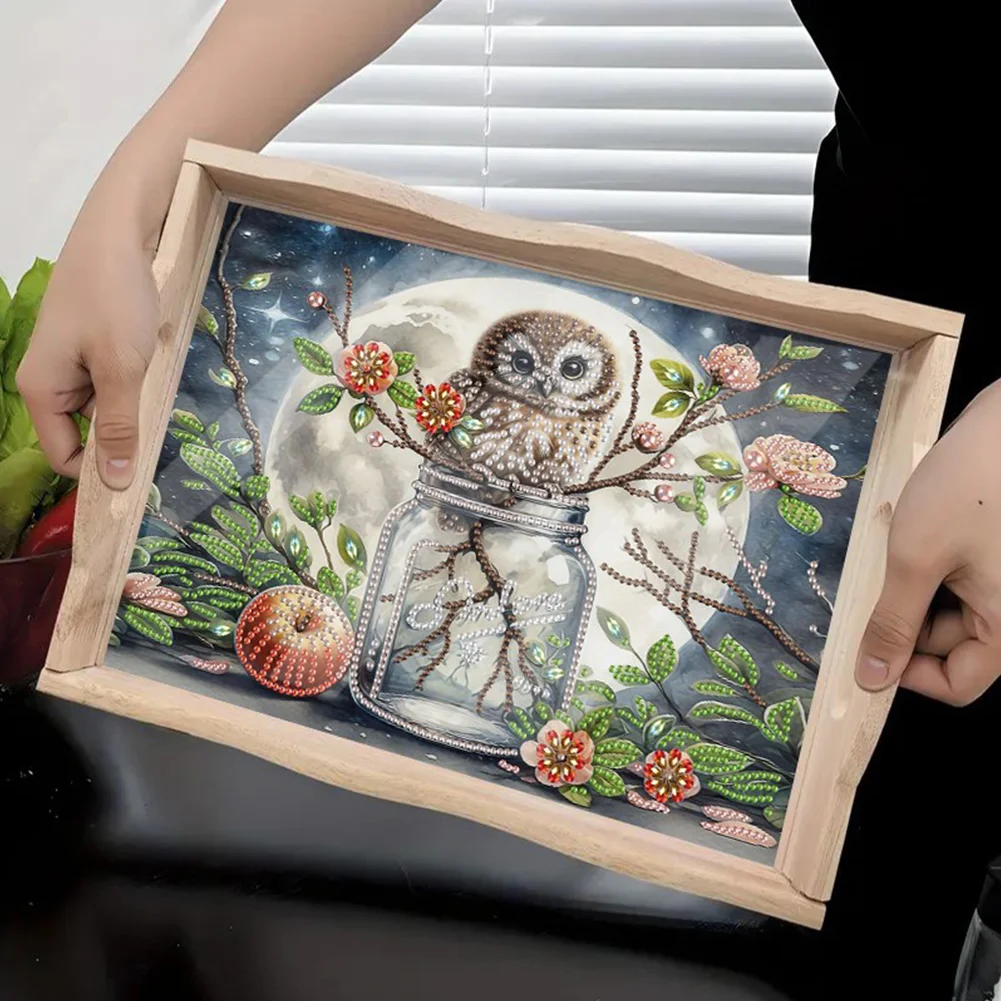DIY Wooden Moon Vase Owl Diamond Decorative Serving Tray with Handle for Home(30*20cm)