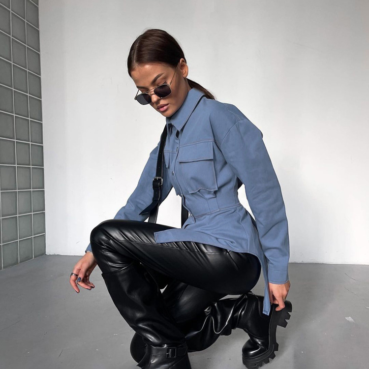 Ootddress Lapel Patchwork Fashion Shirts For Women Slim Long Sleeve Pocket High Waist Autumn 2025 Cardigan Vintage Shirts Streetwear