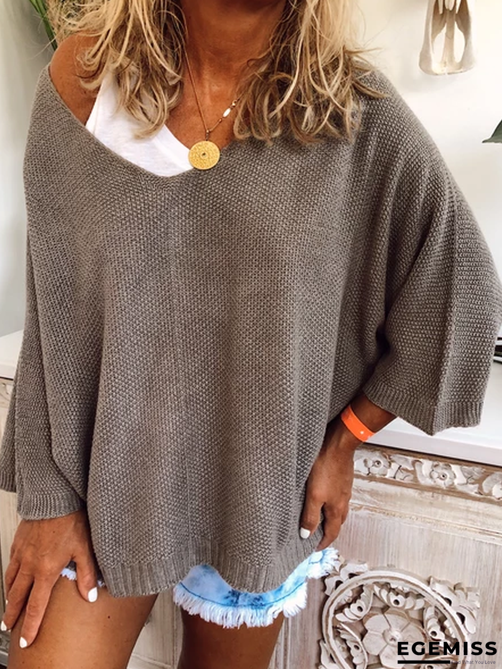 Grey Crew Neck Long Sleeve Knitted Plus Size Sweater | EGEMISS