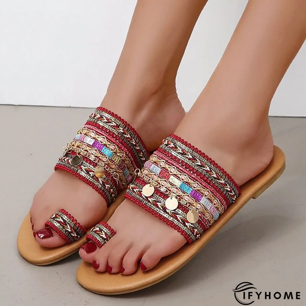 Women's Sandals Boho Bohemia Beach Flat Sandals Outdoor Slippers Daily Beach Summer Sequin Flat Heel Open Toe Casual Loafer Striped Black Red Green | IFYHOME