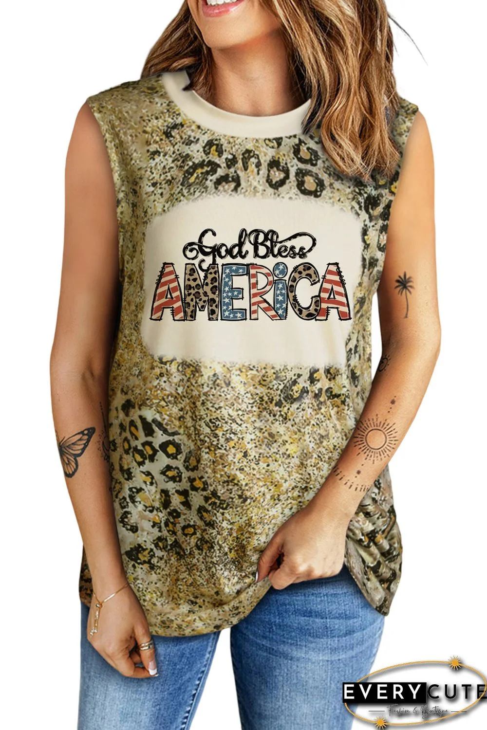 Leopard God Blessed AMERICA Graphic Print Crew Neck Tank Top