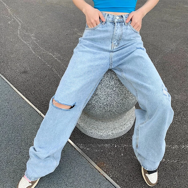 Weekeep Ripped Wide-leg Straigh Women's Jeans High Waist Blue Streetwear Fashion Vintage Pants Summer Fashion Loose Jeans Women