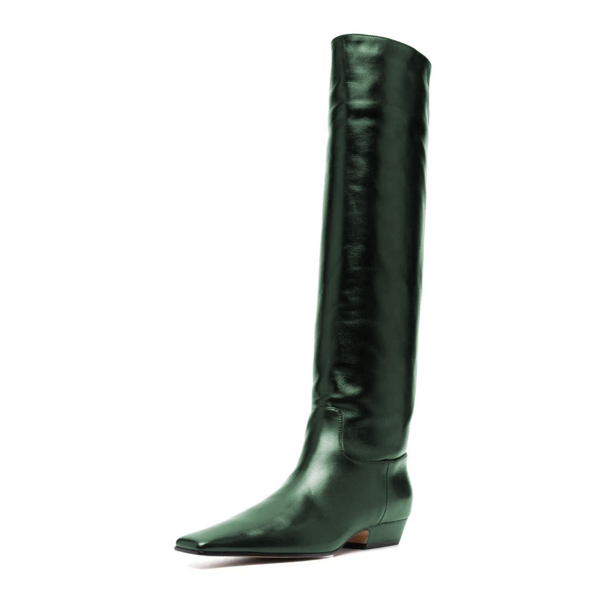 Green Pull-On Chunky Heel Knee High Boots for Women with Square Toe Nicepairs