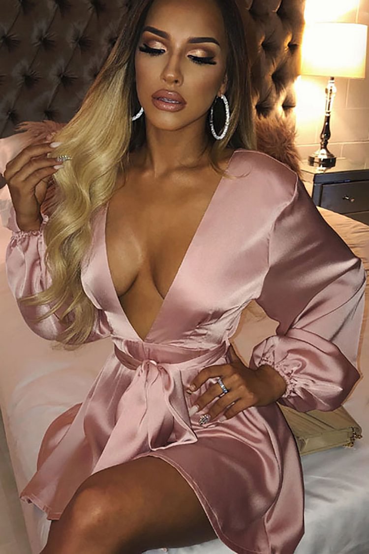 Deep V Neck Backless Tie Waist Party Satin Mini Dresses