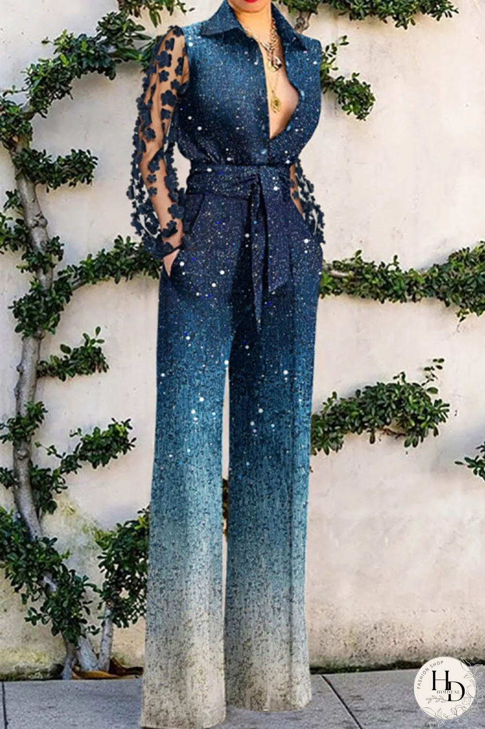 Blue Casual Patchwork Contrast Turndown Collar Regular Jumpsuits