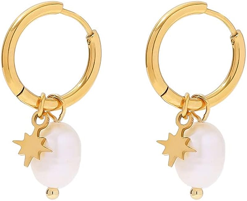 MIKAMU 18K Gold Plated Baroque Freshwater Pearl Hoop Earrings for Women Trendy Dangle Huggie Earrings Bohemian Dainty Earrings 