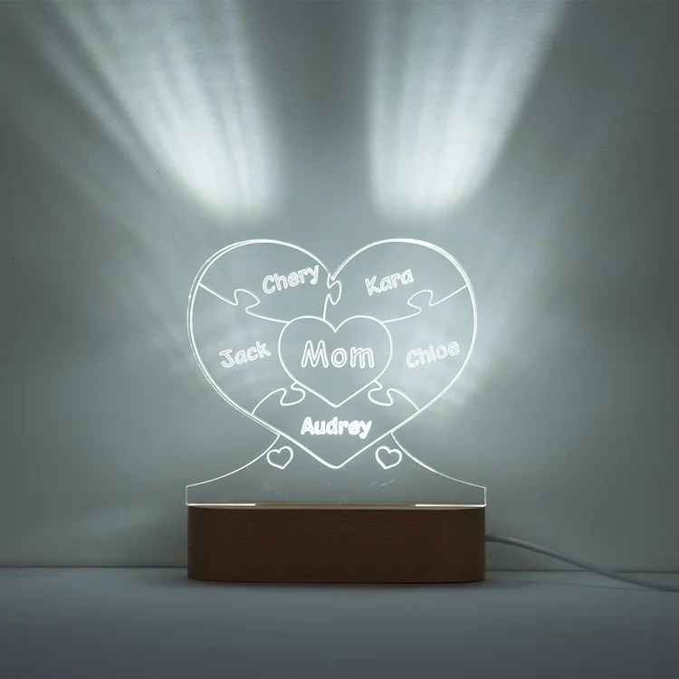 Lampe de chevet LED puzzle 5 prénoms personnalisée Jessemade FR