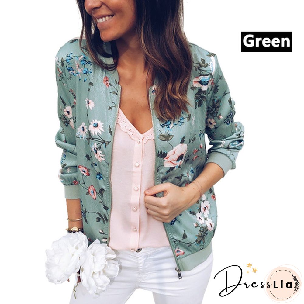 New Spring Aturmn Fashion Womens Retro Floral Zipper Bomber Jacket Baseball Casual Coat Female Tops Plus Size S-5XL