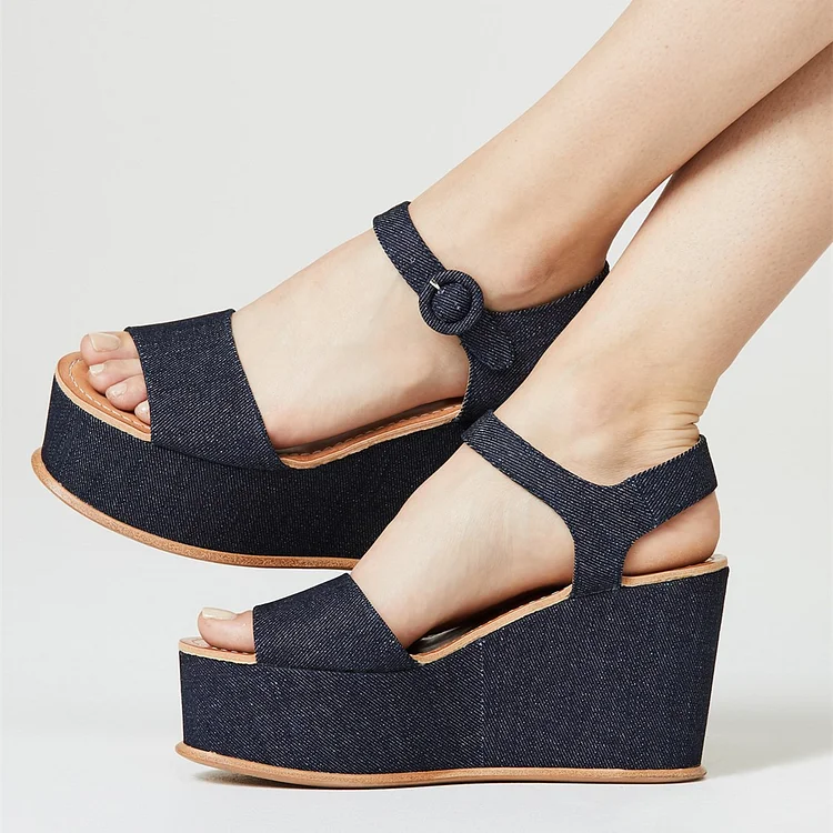 Denim Navy Blue Sandals Wedge Heels Platform Sandals US Size 3-15 |FSJ Shoes