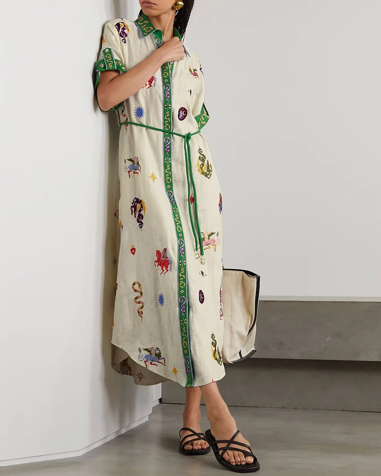Belted Embroidered Printed Linen Shirt Dress