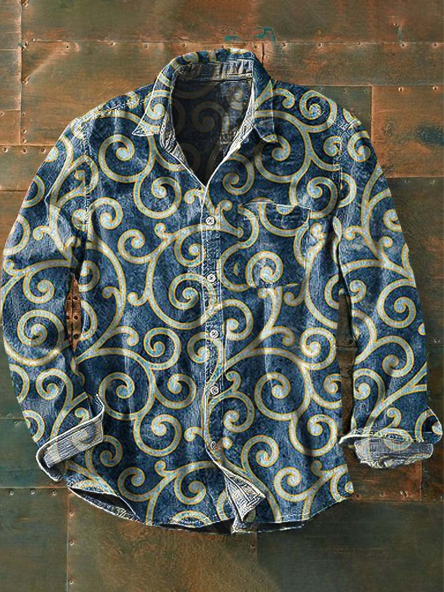 Men's Vintage Swirl Floral Print Casual Lapel Long Sleeve Shirt