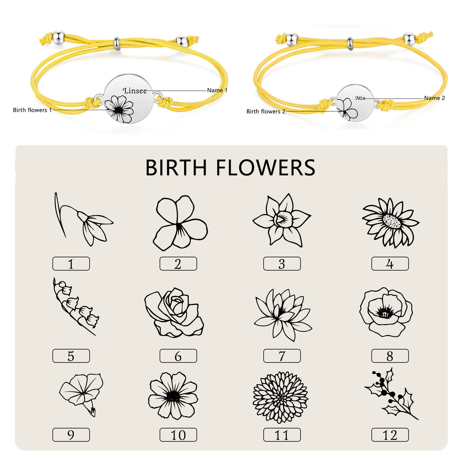 2 Pcs Bracelet Set Personalised Names & Birth Flowers Adjustable Bracelets with Message Card Back to School Gifts for Daughters-Jessemade AU