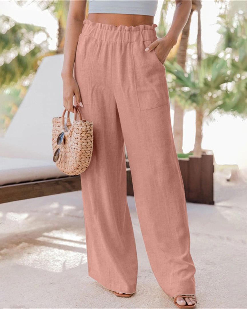 Sleek Ruffled Patch Pocket Wide-Leg Pants