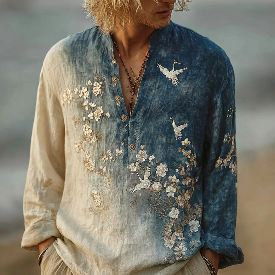 Bohemian Style Men's Casual Cotton And Linen Long-sleeve Shirt  artssus