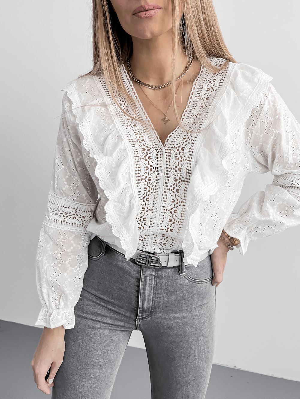 Feminine Fashion Sweet V Neck Lace Hollow Out Long Sleeve Blouses