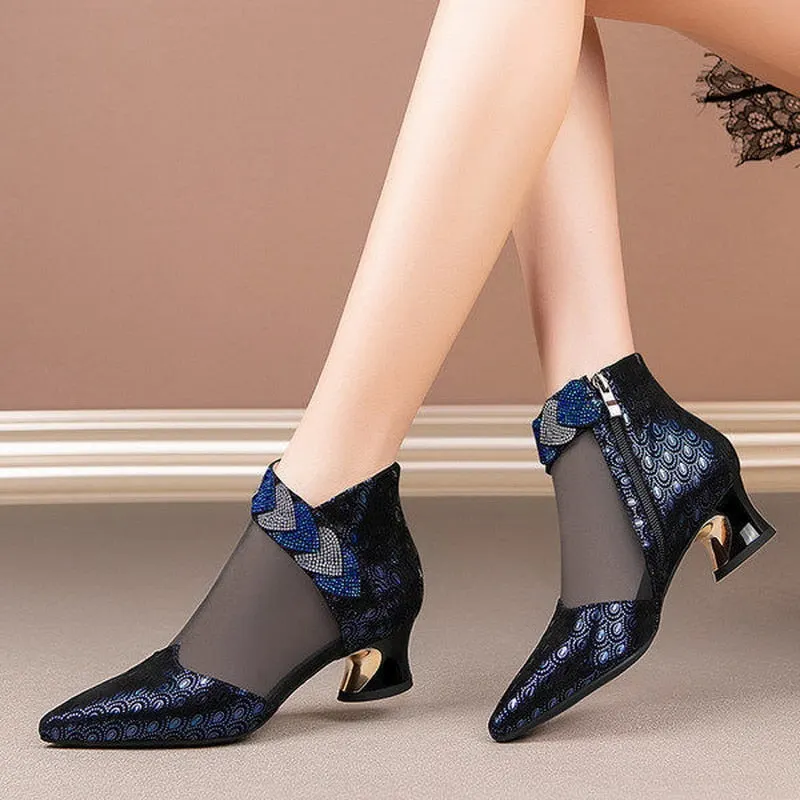 2021 NEW Pointed Toe Mesh Boots Woman,Summer Boots,Sexy Women's Rhinestone Shoes,Back Zip,Mid Heel for Female,Black,Blue