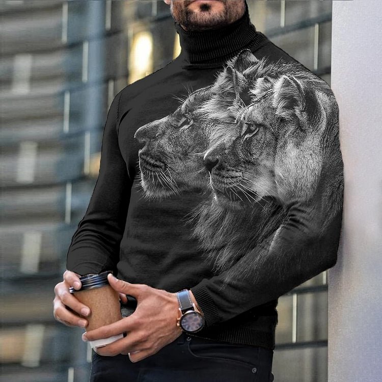 Men's Casual Lion Print Long Sleeve Turtleneck Top