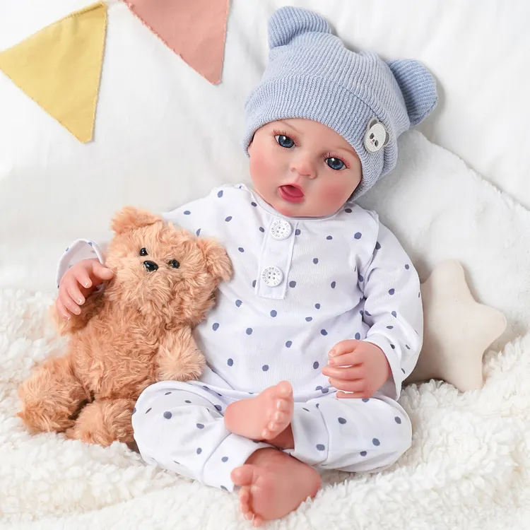 Babeside Oren 17" Reborn Baby Boy Doll &ndash; Lifelike Vinyl Doll with Blue Knit Hat & Polka Dot Outfit