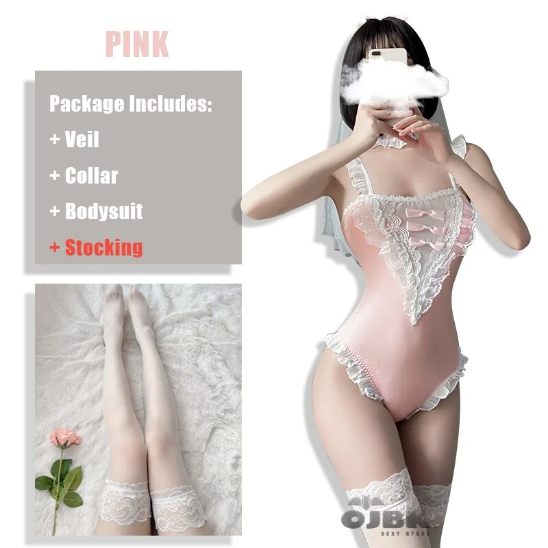Billionm Sexy Bride Cosplay Costumes 3pcs Veil Collar Bodysuit Pink Kawaii Outfit For Female Lace Porno Maid Lingerie Set 2021 New 0676