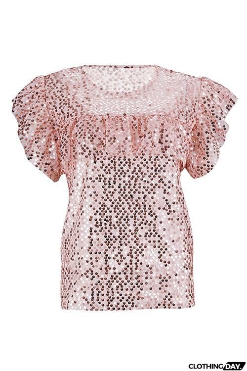 Ruffles Sequin Short Sleeve T Shirt