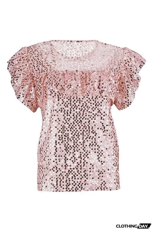 Ruffles Sequin Short Sleeve T Shirt