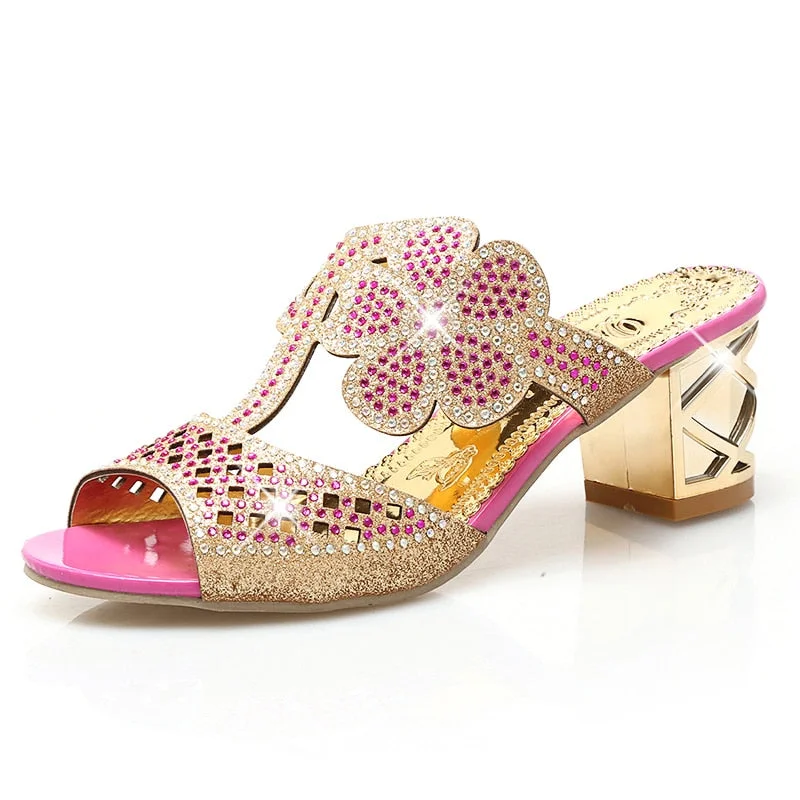 Lucyever Women Fashion High Heels Slipper Sexy Peep Toe Hollow Out Crystals Party Shoes Woman Summer Slip on Beach Flip Flops