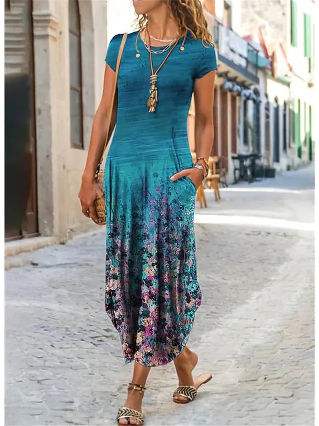 Women's Shift Dress Maxi long Dress Blue Purple Pink Short Sleeve Print Tie Dye Pocket Print Spring Summer Round Neck Basic Casual Boom Sale Dress S M L XL XXL
